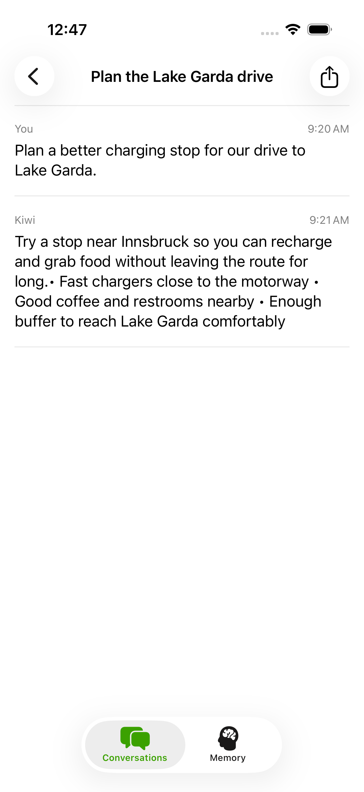 The Kiwi iPhone app showing a full conversation titled “Plan the Lake Garda drive,” with the complete answer and a share button