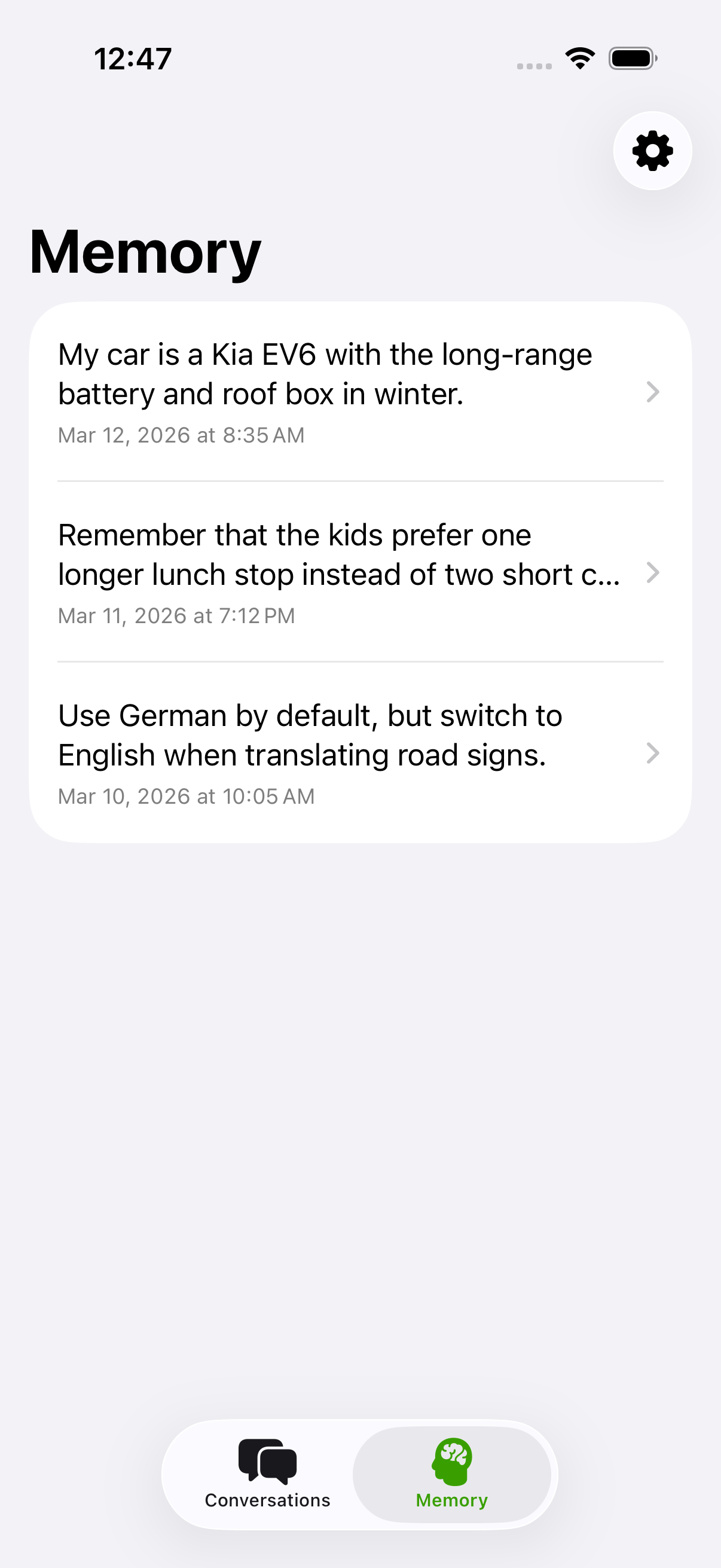 The Kiwi iPhone app Memory tab, listing saved voice notes each with a date and time